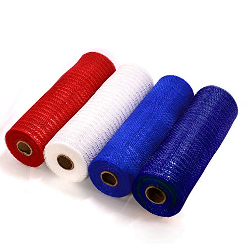 Koopi Deco Mesh 10 inch x 10 Yards Each Roll, Metallic Foil Mesh Ribbon Red, White, Royal, Navy Blue Set for Wreaths, Swags, Craft, Party and Decorating Supplies - 4 Rolls