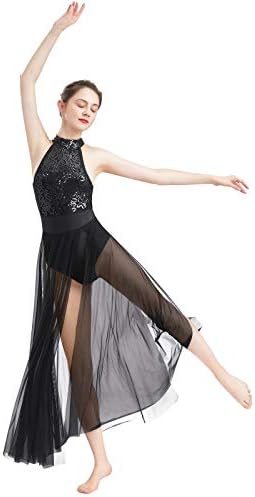 AFAVOM Sequin Lyrical Dance Dress for Women Contemporary Dance Costumes Halter Backless Ballet Leotards Bodysuit with Flowy Mesh Skirt Long Sparkle Ballroom Dresses Lyrical Dancewear Black XS