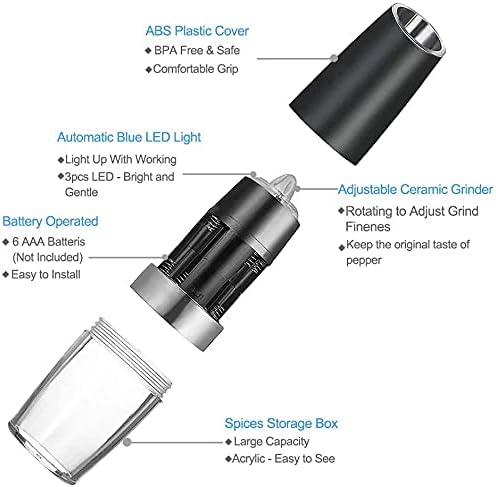 Electric Pepper and Salt Grinder Set, Battery Powered with LED Light, One Hand Automatic Operation, Black, 2 Pack