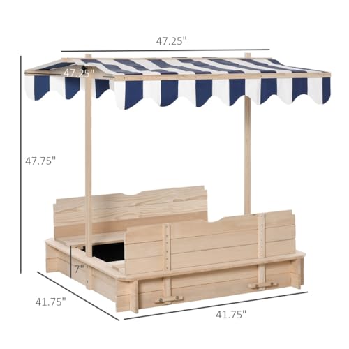 EMILOREY Sandbox with Lid Kids Sandbox with Cover Foldable Bench Seats UV-Resistant and Adjustable Height Roof Wooden Outdoor Kids Sandbox Sand Protection Liner for Backyard, Beach, Lawn