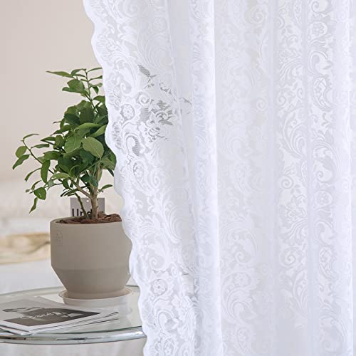 Aligogo Lace Curtains 96 Inches Long-French Country Lace Sheer Curtains Farmhouse Floral Window Panel For Old House Set Of 2, 52 W X 96 L Inch,White #TOP4