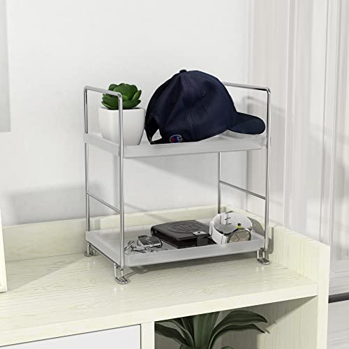 2 Tier Bathroom Organizer Countertop,Kitchen Spice Rack Or Makeup Shelf Vanity Perfume Skin Care Organizer And Storage Bedroom Storage Tray (Silver & Translucent) #TOP4