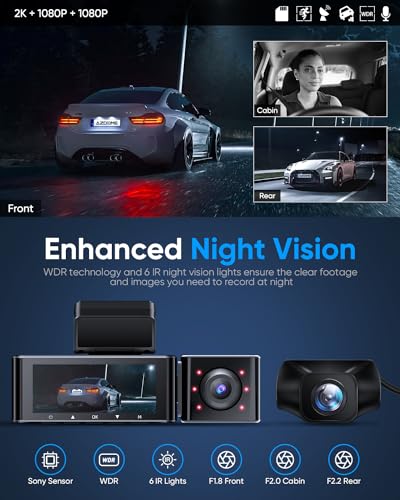 AZDOME 3 Channel 4K Dash Cam for Cars, 4K+1K Dash Cam Front and Rear, 1440P+1080P+1080P Triple Dash Cam, 3.19\" IPS Screen, Built-in GPS WDR IR Night Vision, 24H Parking Mode, 64GB Card Included - Thumbnail 4