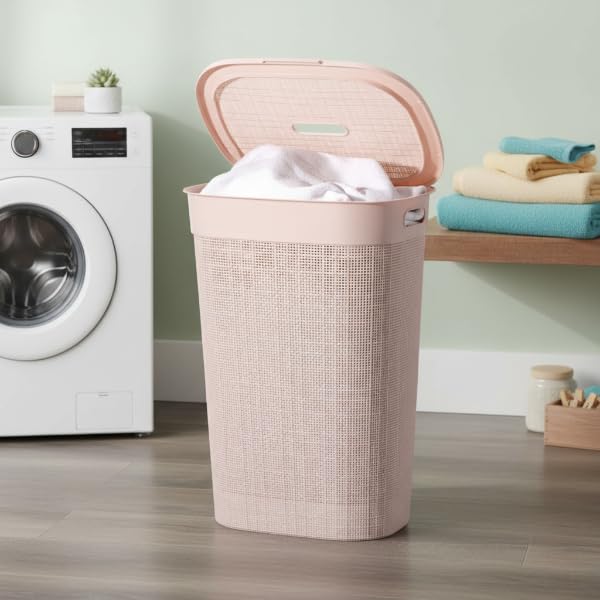 Image of KITCHIVO Plastic Large 55 Ltr Laundry Basket with Lid & Handle | Multipurpose Hamper Bins Storing Washable Clothes, Blankets | Household Ideal for Home & Bathroom (Woods Light Pink Laundry Basket)