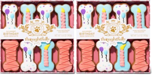 Image of Thoughtfully Pets, Pink Dog Birthday Cookie Gift Set, Hand Decorated Crunchy Dog Treats in Bone Shapes, Great for Birthdays, Set of 8 (Pack of 2)