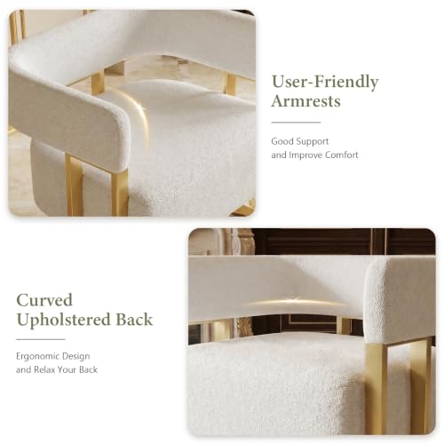 Image of Modern White Boucle Accent Chairs Set of 2, Barrel Chairs for Living Room | STHOUYN Bedroom Armchairs, Curved Barrel Design, Soft Boucle Upholstery, Gold-Tone Legs, Wide Seats, Small Space Office