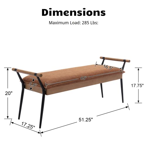 Heah-Yo Vintage Entryway Bench, Durable Pu Faux Leather Bedroom Bench With Armrests And Metal Legs, 18” Seat Height Footstool Ottoman For Living Room, Brown #TOP2