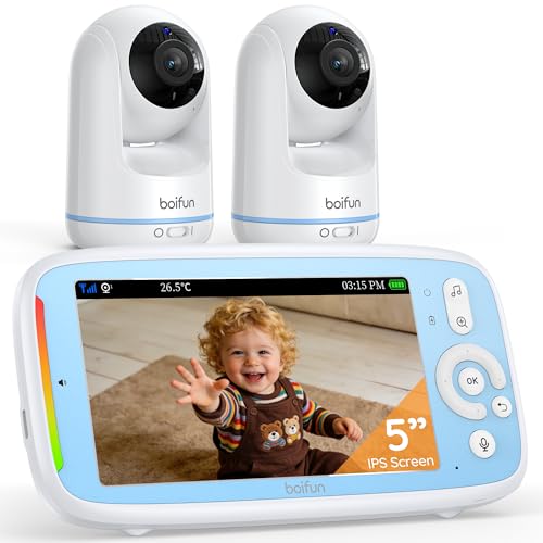 Boifun Video Baby Monitor with 2 Cameras, 5-inch 720P IPS Screen, Dual 360 Camera, No Wifi, 3050mAh Battery, VOX Mode, Invisible Night Vision, Two-way Audio, Temperature Sensor, Lullabies, Elder,Twins