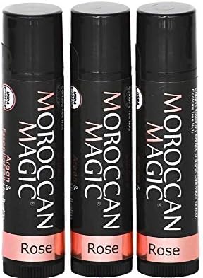 Moroccan Magic Organic Rose Lip Balm 3 Pack | Made with Natural Cold Pressed Argan and Essential Oils Lip Balm | Smooth Application | Non-Toxic, Cruelty Free