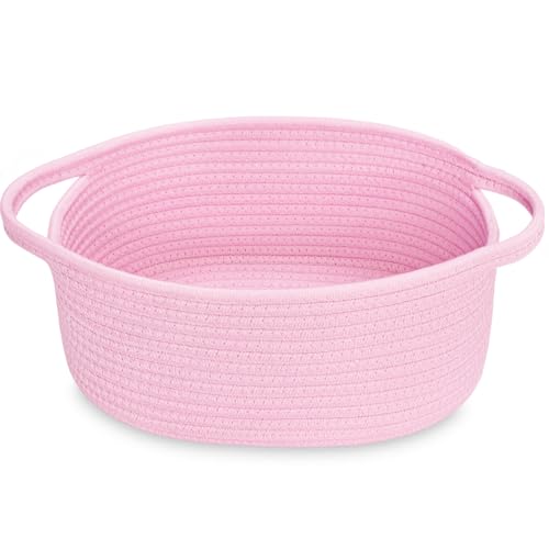 Image of ABenkle Small Basket with Handles, Boho Decorative Rope Woven Dog Cat Toy Storage Bin Shelf Storage Organizer, Easter Christmas Gift Basket, 12 inchx8 inchx5 inch, Pink