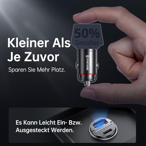 SYNCWIRE 60W Zigarettenanzünder USB C & USB Auto Adapter [PPS PD 30W & QC 3.0] Super Mini Ganzmetall KFZ Ladegerät USBC Schnellladung Kompatibel mit iPhone 15 Pro Max 14 13,…
