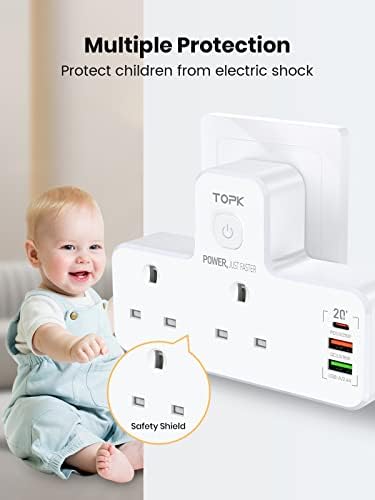 TOPK UK to EU Euro Europe Travel Adapter With 2 USB Ports & 1 USB-C Port Plug Extension Multi Plug Travel Adpater for Germany France Iceland Poland Spain Russia Travel,Office