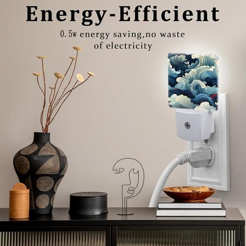 Image of Blue White Ocean Waves Night Light Plug into Wall,Cartoon Sea Waves Dusk to Dawn Night Light Plug in,0.5w Energy Saving Sleep Friendly NightLight for Kids Boys Girls Home Decor