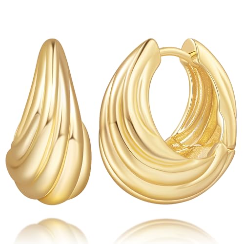 14K Gold Earrings for Women Gold Hoop Earrings for Women Chunky Earring Curved Wrap-Around Twisted Lines Chunky Hoop Earring for Womens 20mm