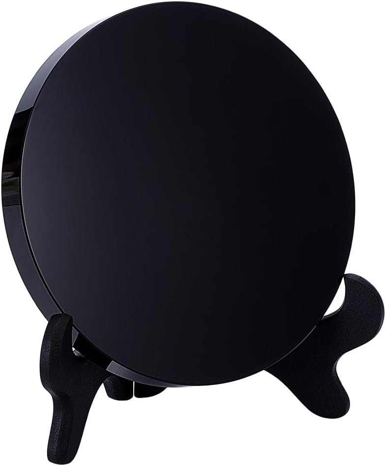 NBEADS 1 Set Round Natural Black Obsidian Scrying Mirror with Display Stand, 2.76x5.71x6.22 inch Polished Obsidian Crystal Disc for Meditation Witchcraft Gothic Desk Home Decor Crafts