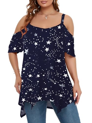 Image of LARACE Cold Shoulder Tops for Womens Summer Clothes Spaghetti Strape Tunic Oversized Shirts Asymmetrical Plus Size Blouse
