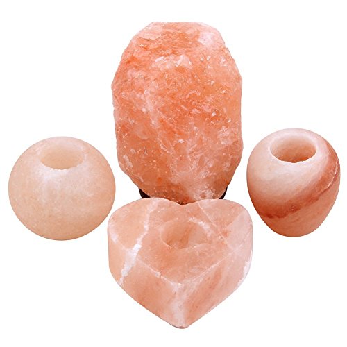 JD.Gems Himalaya Salt Decor 4 Piece Gift Set | Natural Salt Lamp, Globe Tealight Candle Holder, Apple Candle Holder & Heart Candleholder, Easy to Maintain Air Purifying Himalayan Salt