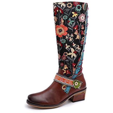 Socofy Womens Leather Knee Long Block Heels Boots, Vintage Long Boots Handmade Bohemian Boots Fur Lined Winter Snow Boots Cowgirls Wide Calf Splicing Pattern Anti Slip Walking boots for party wedding Cover