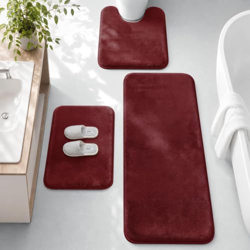 HUXMEYSON 3-Piece Memory Foam Bathroom Rug Set, Red by HUXMEYSON - Used condition - US$29.83