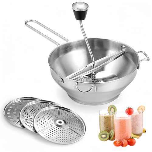 Culinavog Gemüsemühle manuell Lebensmittelmühle aus Edelstahl mit 3 Siebenschichten Kartoffelstampfer Küchenmühle für Soße Püree Marmelade Babynahrung