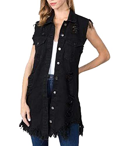 SOMTHRON Women's Distressed Ripped Sleeveless Mid Long Denim Jacket Button Up Jean Vest Cardigan Coats Waistcoat