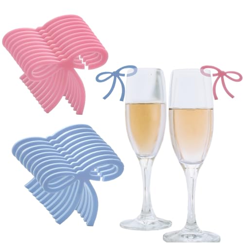 Whimsezbox 20 etiquetas de bebida con lazos, marcadores de copa de vino con lazo rosa y azul, para revelar el género, celebraciones, acrílico, decoración para bodas, fiestas, champán, cócteles,