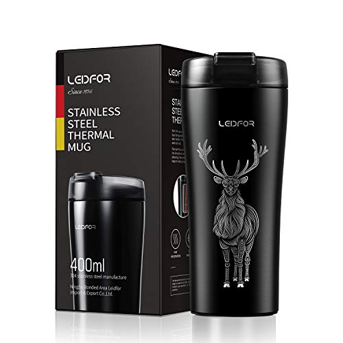 Leidfor Coffee Travel Mug With Spill Proff Lid, Double Wall Stainless Steel Vacuum Insulated Car Tumbler, Thermal Cup For Drinks 16-Ounce Black Elk #TOP2