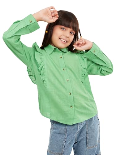 Image of olele Girls Full Sleeve Ruffles Cotton Linen Shirt - White for 4 to 14 Years | Kids Girl White Shirt | White Ruffle Shirt for Girls | Shirt Jeans