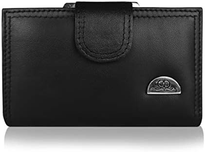 Quenchy London Ladies Designer Leather Purse - 8 RFID Blocking Debit or Credit Card Spaces with Button Closure - Large Metal Clasped Coin Section - 2 Bank Note Sections - 14cm x9x2.5 Black QL439K