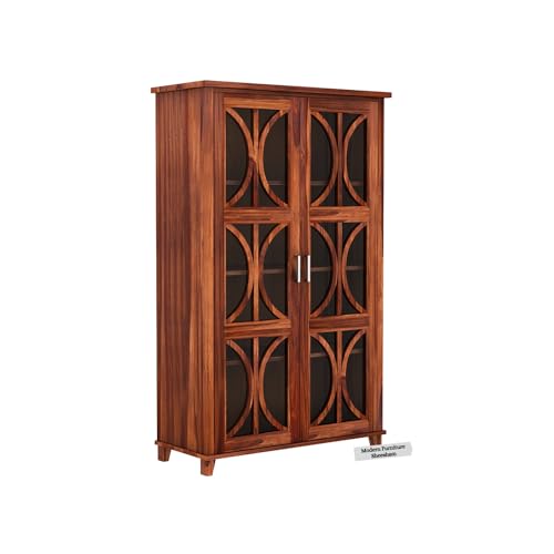 Image of SONA ART & CRAFTS Sheesham Wooden Crockery Cabinets with Glass Door | Wooden Showcase Almirah | Solid Wood Book Shelf Crockery Unit for Kitchen Living Room (Honey Finish-CC04)