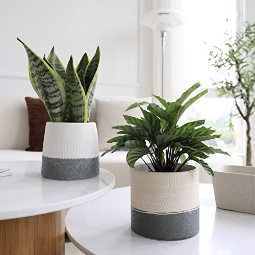 La Jolie Muse Flower Pots Indoor Plant Pot Set Of 2, Unique Small Ceramic Plants Planter, 6.4+ 5.1 Inch Planters, Gray & Ivory White #TOP2