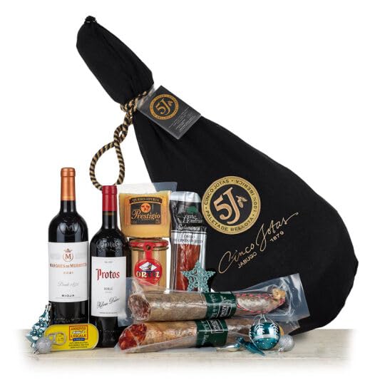 Schinkenbox Geschenkset mit spanischem Wein, Käse, Wurst und Delikatessen in schwarzer Tragetasche 2 stuck