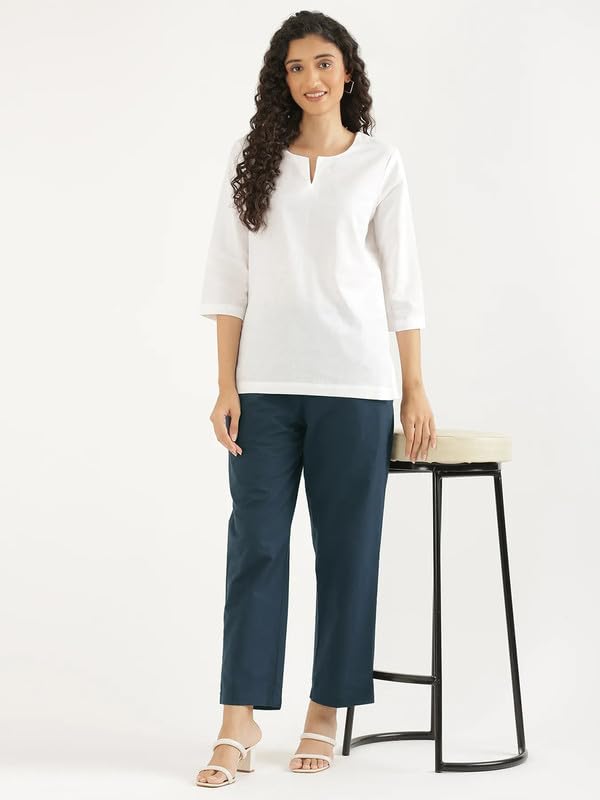 Image of SAADAA Cotton Straight Pants for Women | Breathable Everyday Wear Trousers | Drawstring, Deep Pockets & Elastic Waistband | Casual & Comfortable Fit