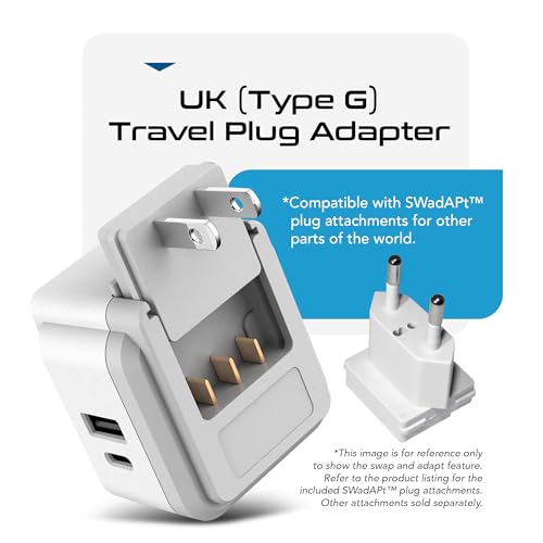Image of Ceptics Travel Adapter India to UK, Ireland Power Adapter Travel, Dual USB & USB-C 3.1A - 2 USA Socket - Compact & Powerful - Use in Hong Kong, England, Dubai, Saudi Arabia - Includes Type G Plug