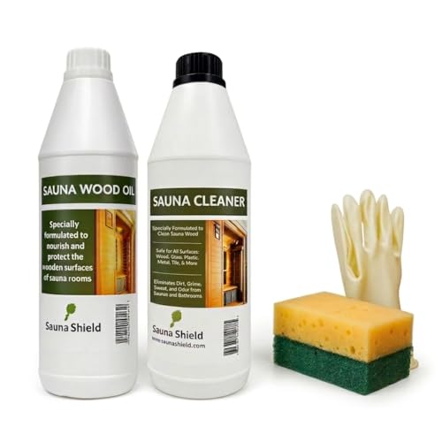 Sauna Shield Sauna Care Set – Sauna Wood Oil & Sauna Cleaner (33.8 fl oz each) with Applicator Sponge & Gloves | Protects, Cleans & Nourishes Sauna Wood | For Traditional & Infrared Saunas