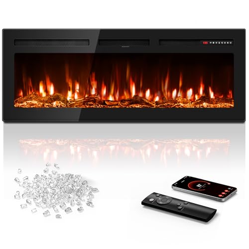 Manastin 50" Electric Fireplace, Recessed/Wall Mount, Compatible with Alexa, App/Voice Control, 1500W Heater, 60-99°F Thermostat, 12 Colors, Timer, Log & Crystal