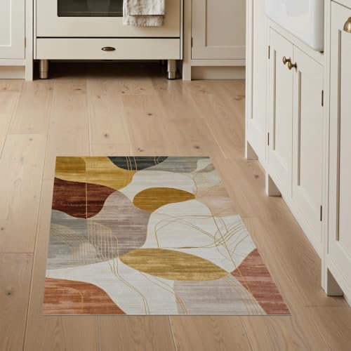 ODIKA 3'x5' Brown Gold Abstract Geometric Swirls Washable Accent Rug