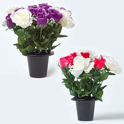 HOMESCAPES Juego de 2 jarrones artificiales para tumbas de color blanco, rosa y morado en maceta negra, 30 cm
