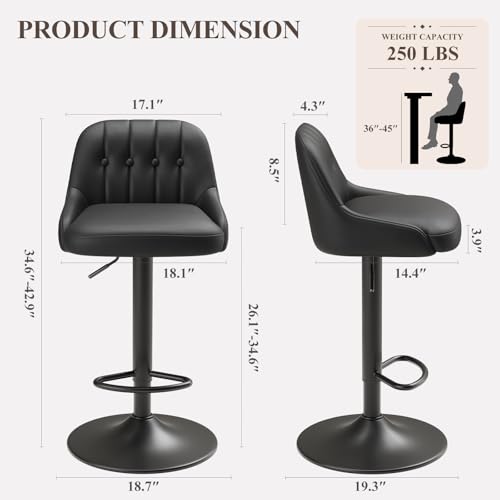 Image of MALOL Bar Stools Set of 2, Swivel Bar Chairs, Modern Adjustable PU Leather Upholstered Barstools Counter Height with Tufted Back for Bar, Kitchen Counter Island, Dining Room, Black