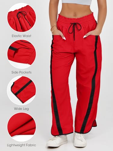 Fisoew Women's Baggy Wide Leg Pants Casual Drawstring Elastic Waisted Contrast Color Workout Y2K Track Pants2