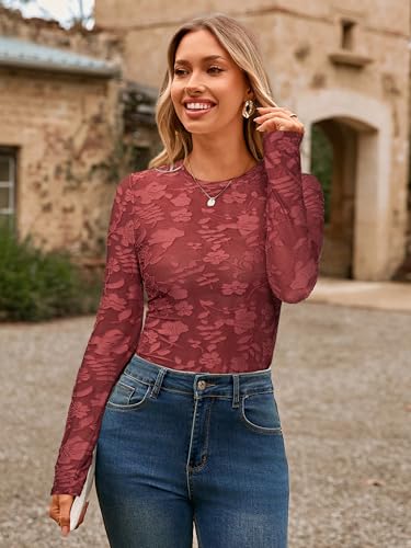 Glamaker Womens Mesh Long Sleeve Tops Lace See Through Sexy Crew Neck Eyelet Shirts Party Floral Club Dressy Blouse(Burgundy,Small) — view 3