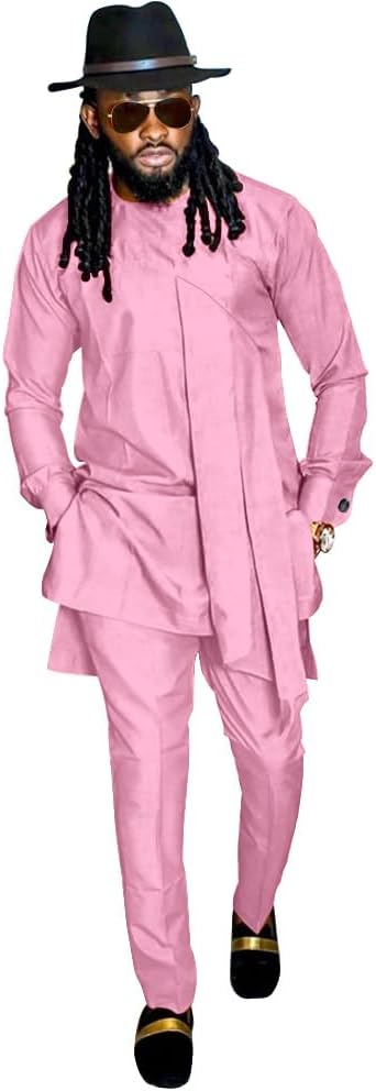 SEA&ALP Men's Fashion Clothes African Shirt and Pant Suit Dashiki Long Sleeve Casual Outfits Blouse Pockets