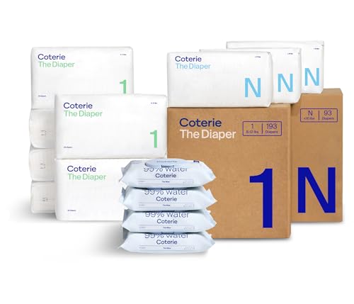 Image of Coterie Baby Wipes + Diapers Kit, Size 1 (198 Count) & Size Newborn Diapers (93 Count), 4 Pack (224) Wipes with 99% Water, Plant Based Materials, Hypoallergenic for Sensitive Skin, Baby Essentials