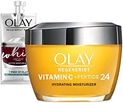Olay Regenerist Vitamin C + Peptide 24 Brightening Face Moisturizer for Brighter Skin, Lightweight anti-aging cream for dark spots, Includes Olay Whip Travel size for dry