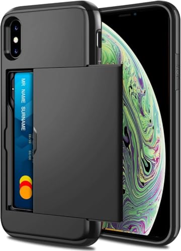 for iPhone X XS Case with Credit Card Holder, Areaphmet iPhone X Wallet Case Slide Cover Dual Layer Hard PC Rubber Cover Phone Case for iPhone Xs 5.8'' Black