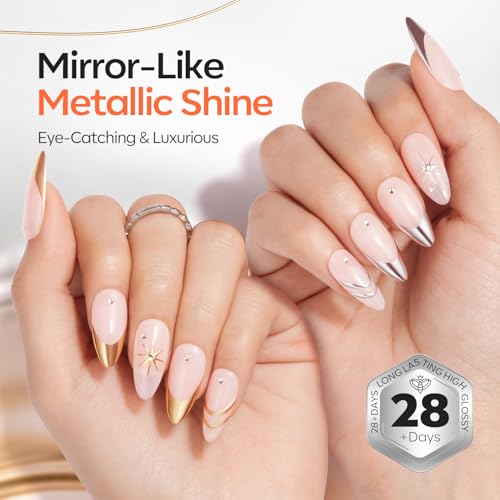 Image of Modelones Gold Silver Gel Nail Polish Set, 3D Chrome Metallic Liner Gel with Fine Brush for French Tip Professional Detail Nail Art Mirror Effect False Nails DIY Soak Off Manicure Gift for Women