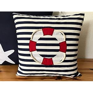 1x Maritime Kissenhülle, Kissenbezug, Landhausstil Kissen * Rettungsring rot * blau/weiß gestreift
