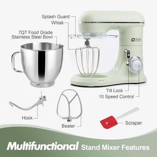 Image of Kitchen in the box 7QT 900W 10-Speed Stand Mixer, Tilt-Head Kitchen Electric Mixer with Dough Hook, Whisk & Flat Beater(Pastel Green)