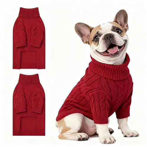 Image of Small Dog Thermal Pullover Sweater, Classic Turtleneck Cable Knitwear Dog Clothes for Cold Weather Warm Pet Clothes for Chihuahua, Bulldog, Dachshund, Pug Red Large