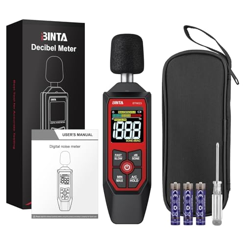 BINTA Decibel Meter, Digital Sound Level Meter with A/C Weighted, Portable SPL Tester 30-130dB Noise Measure with Backlit LCD Display, Max/Min, dB/SONE Unit, Data Hold for Home Office Factory Neighbor